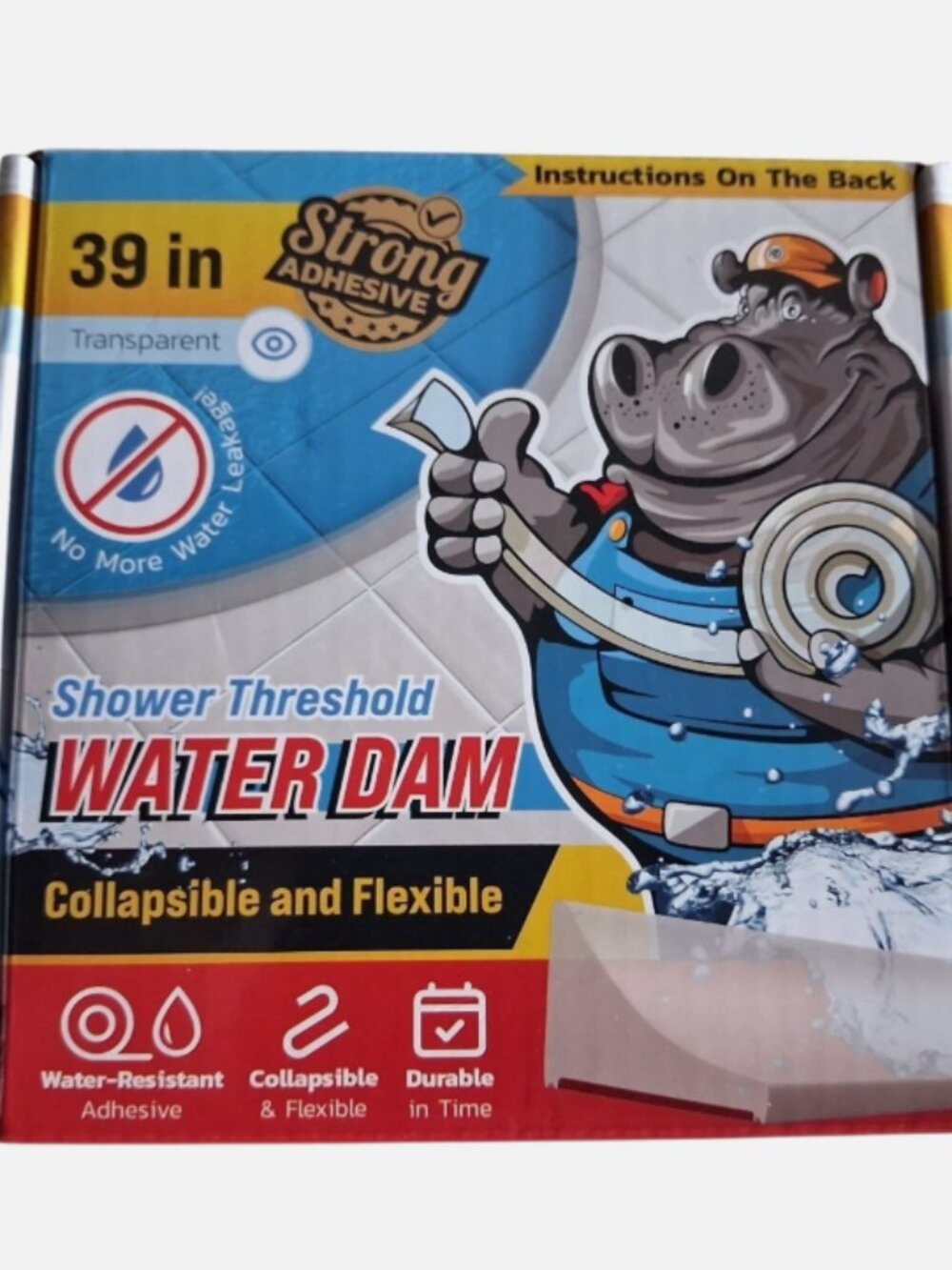 Hippo Shower Threshold Water Dam Barrier 39" Clear Adhesive Collapsible Flexible